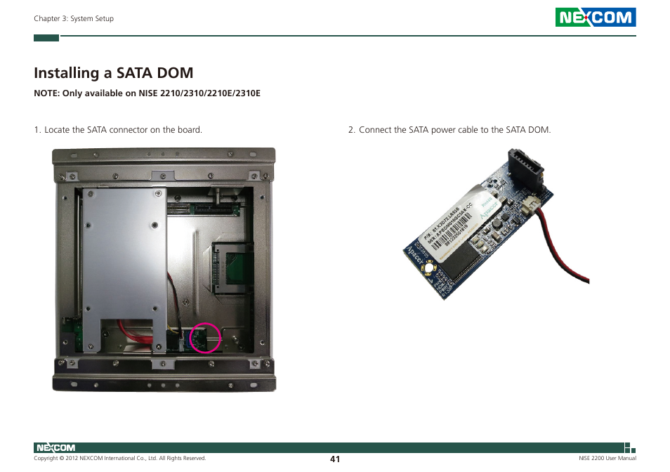 Installing a sata dom | NEXCOM NISE 2200 User Manual | Page 55 / 110