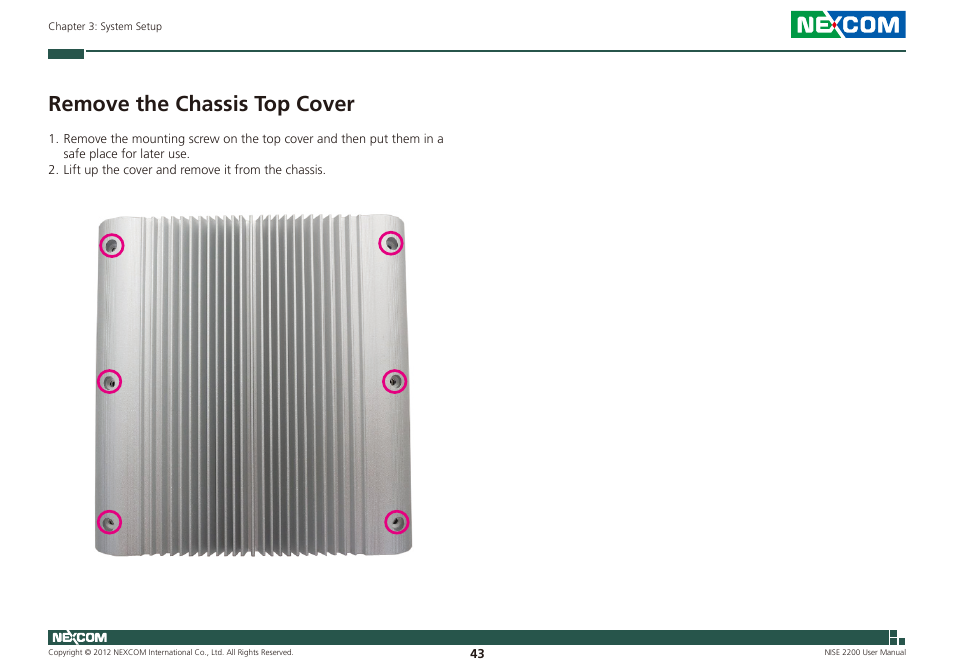 Remove the chassis top cover | NEXCOM NISE 2200 User Manual | Page 57 / 110