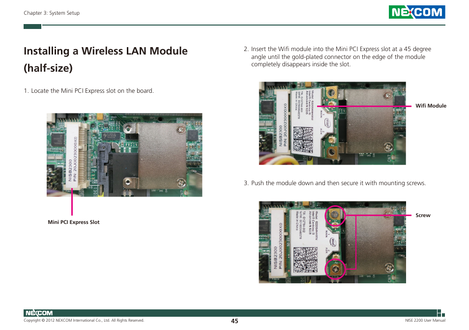Installing a wireless lan module (half-size) | NEXCOM NISE 2200 User Manual | Page 59 / 110