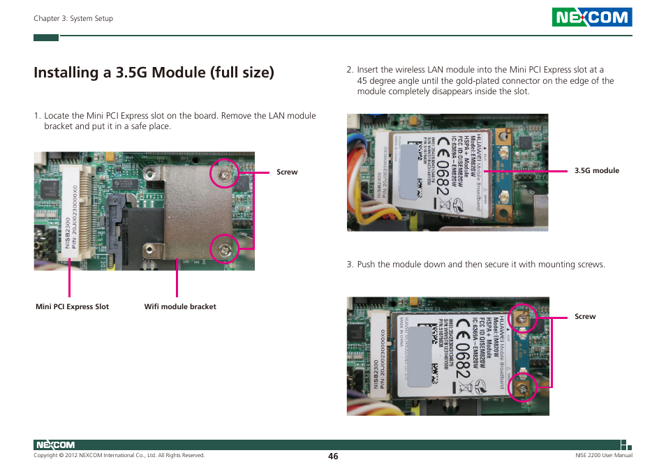 Installing a 3.5g module (full size) | NEXCOM NISE 2200 User Manual | Page 60 / 110