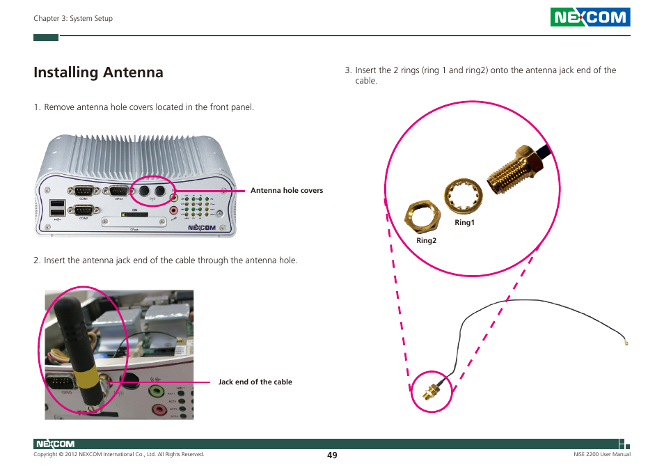 Installing antenna | NEXCOM NISE 2200 User Manual | Page 63 / 110