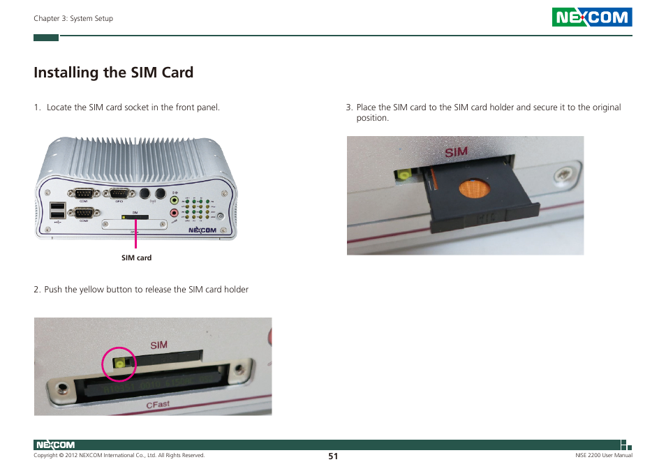 Installing the sim card | NEXCOM NISE 2200 User Manual | Page 65 / 110