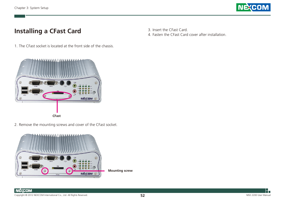 Installing a cfast card | NEXCOM NISE 2200 User Manual | Page 66 / 110