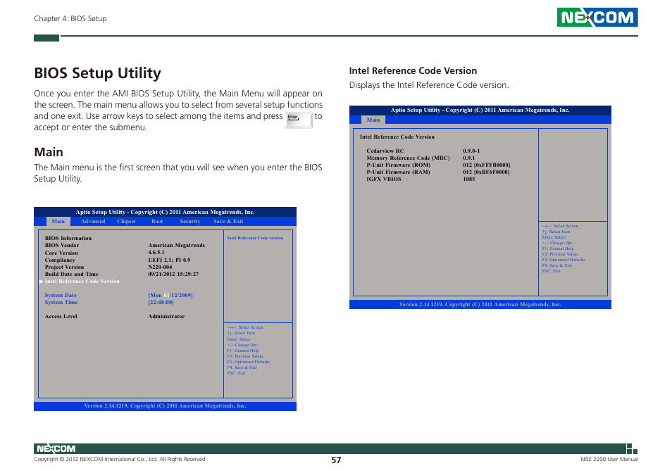 Bios setup utility, Main, Intel reference code version | NEXCOM NISE 2200 User Manual | Page 71 / 110