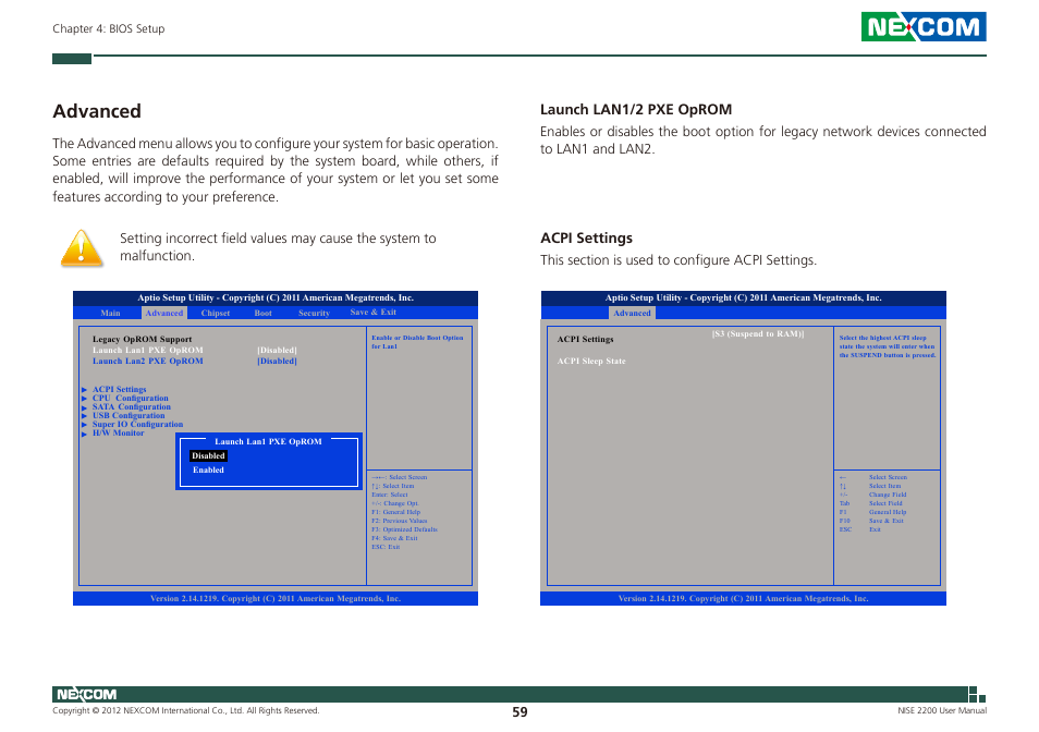 Advanced, Launch lan1/2 pxe oprom, Acpi settings | NEXCOM NISE 2200 User Manual | Page 73 / 110