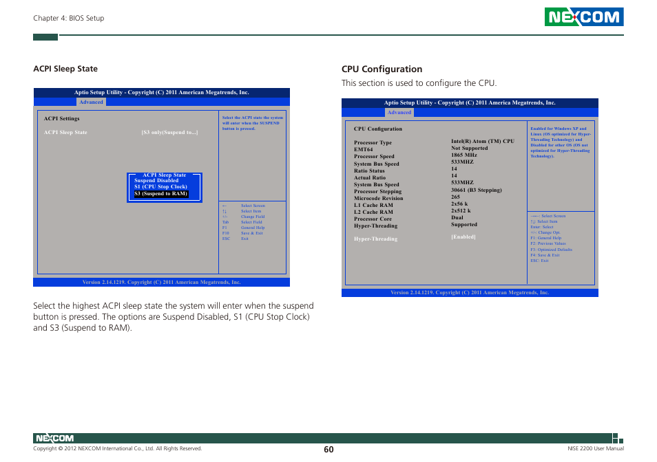 Cpu configuration | NEXCOM NISE 2200 User Manual | Page 74 / 110