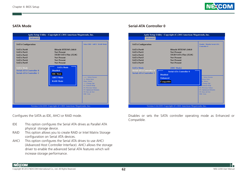 Sata mode, Serial-ata controller 0 | NEXCOM NISE 2200 User Manual | Page 76 / 110