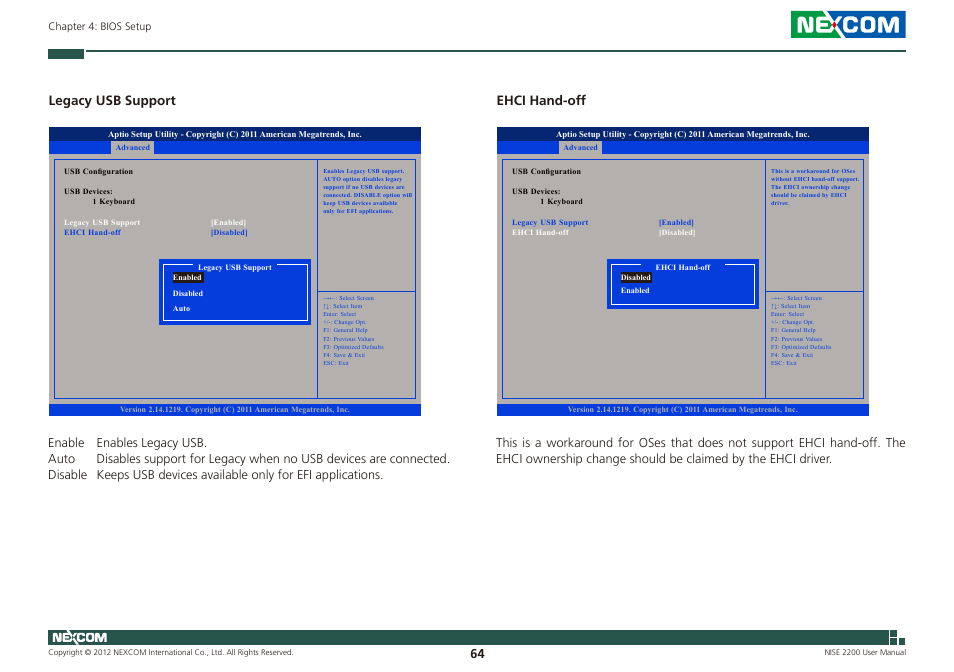 Legacy usb support, Ehci hand-off | NEXCOM NISE 2200 User Manual | Page 78 / 110