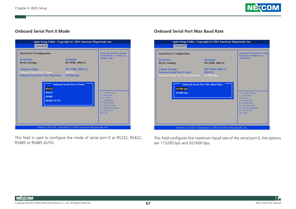Onboard serial port 0 mode, Onboard serial port max baud rate | NEXCOM NISE 2200 User Manual | Page 81 / 110