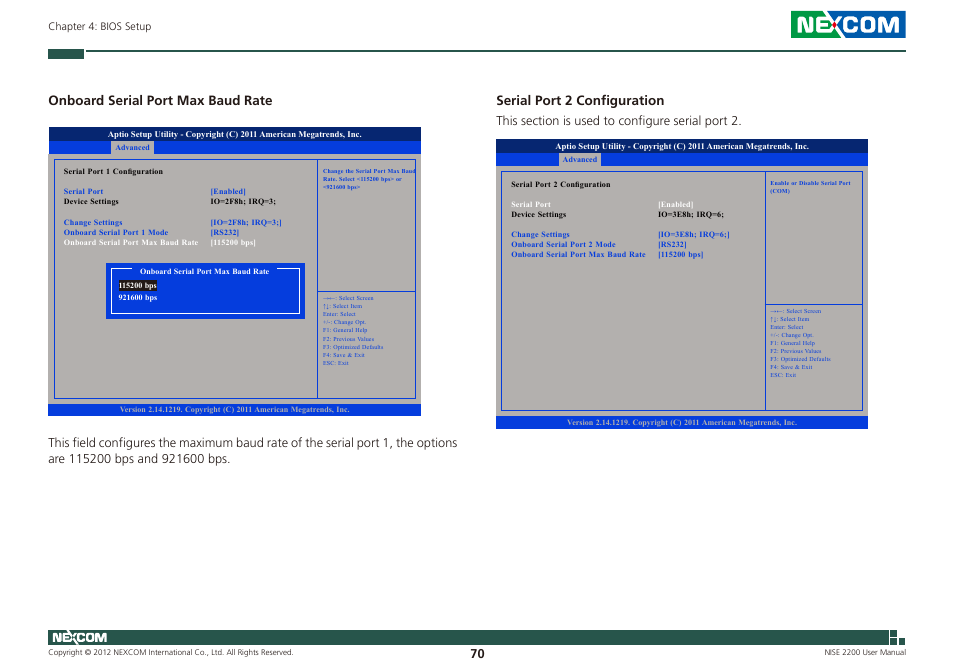Onboard serial port max baud rate, Serial port 2 configuration | NEXCOM NISE 2200 User Manual | Page 84 / 110
