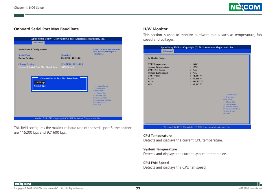 Onboard serial port max baud rate, H/w monitor | NEXCOM NISE 2200 User Manual | Page 91 / 110
