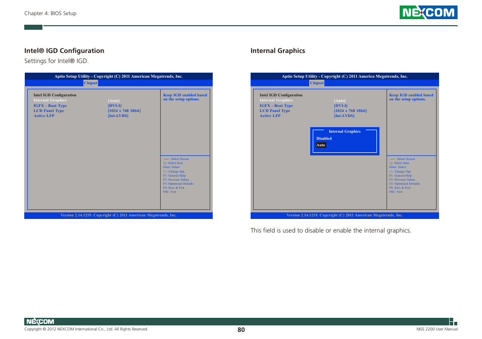 Intel® igd configuration, Internal graphics, Settings for intel® igd | NEXCOM NISE 2200 User Manual | Page 94 / 110