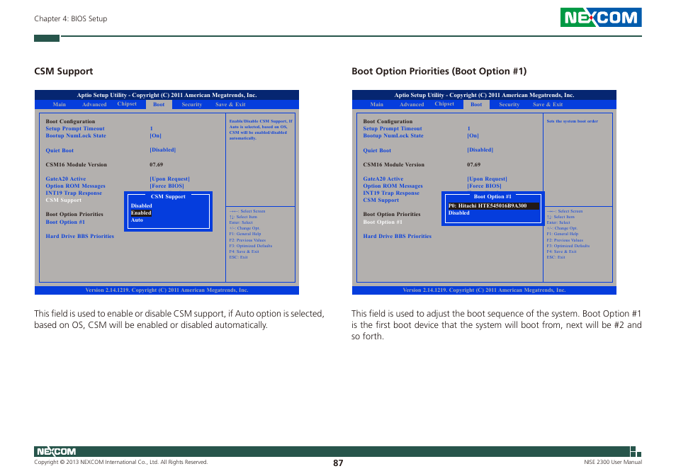 Csm support, Boot option priorities (boot option #1) | NEXCOM NISE 2300 User Manual | Page 101 / 107