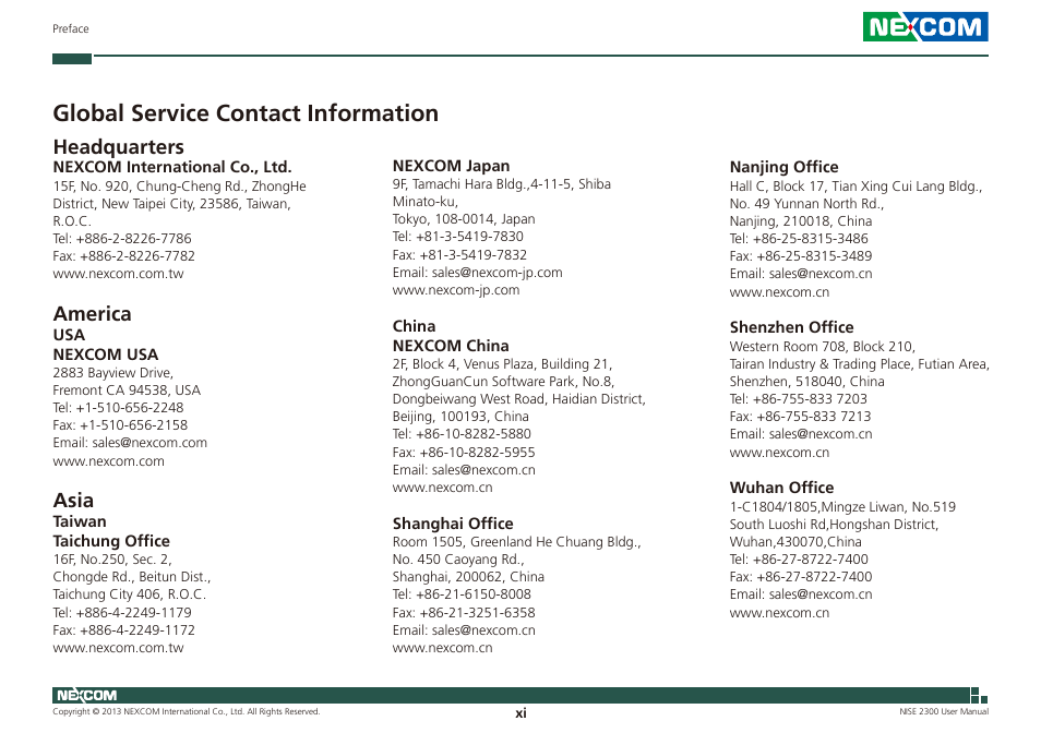 Global service contact information, Headquarters, America | Asia | NEXCOM NISE 2300 User Manual | Page 11 / 107