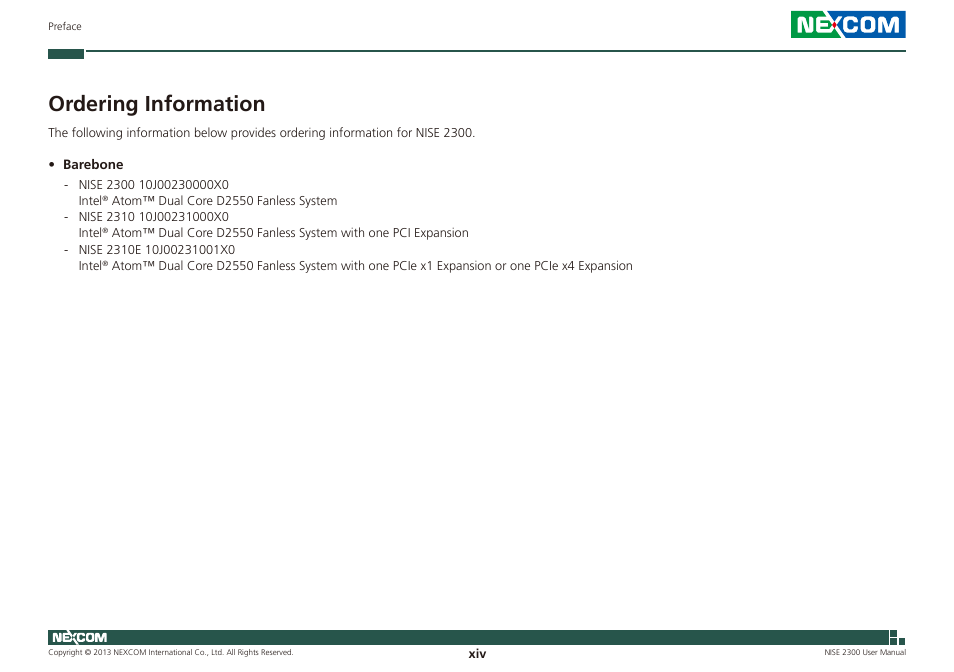 Ordering information | NEXCOM NISE 2300 User Manual | Page 14 / 107