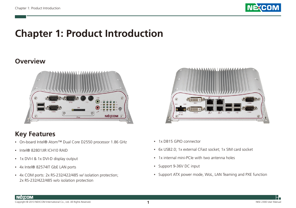 Chapter 1: product introduction, Overview key features, Key features | Overview | NEXCOM NISE 2300 User Manual | Page 15 / 107