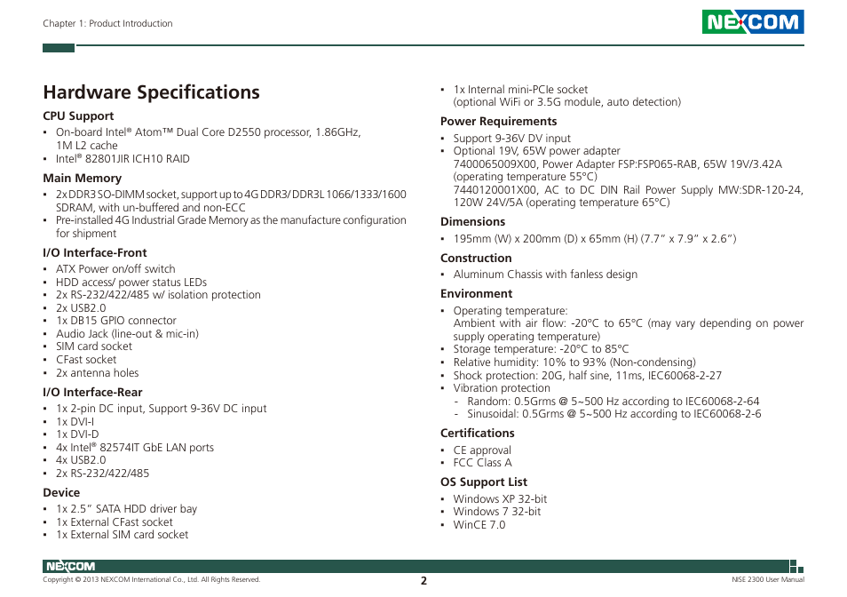 Hardware specifications | NEXCOM NISE 2300 User Manual | Page 16 / 107