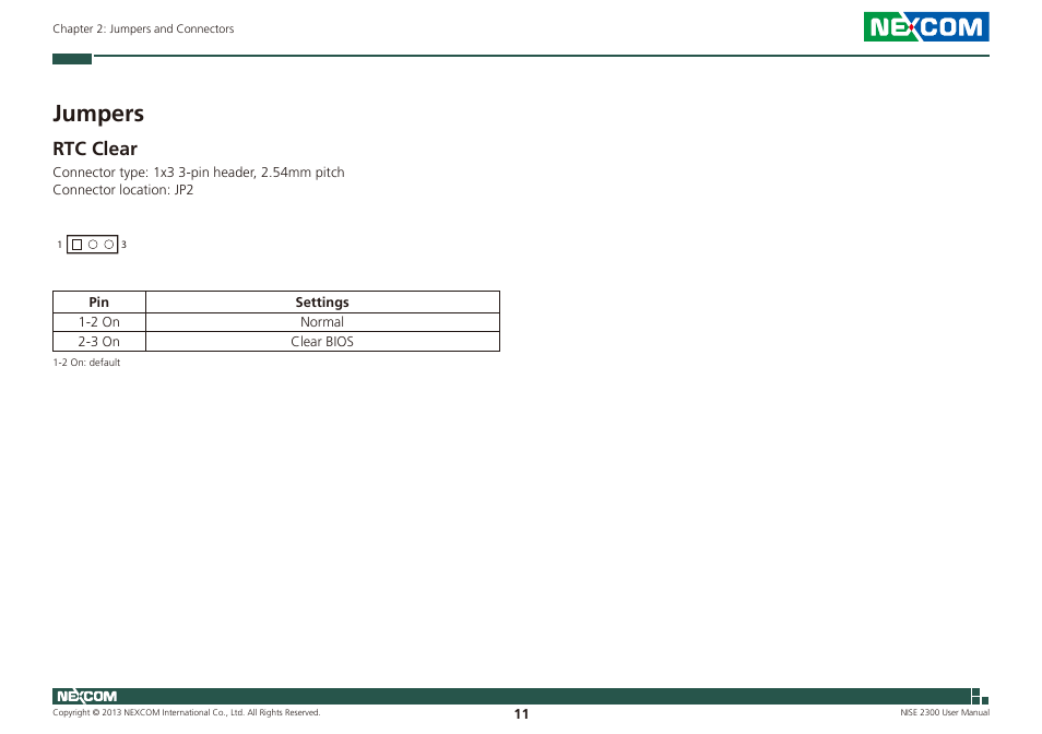 Jumpers, Rtc clear | NEXCOM NISE 2300 User Manual | Page 25 / 107