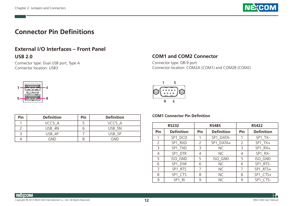 Connector pin definitions, External i/o interfaces – front panel, Usb 2.0 com1 and com2 connector | Usb 2.0, Com1 and com2 connector | NEXCOM NISE 2300 User Manual | Page 26 / 107