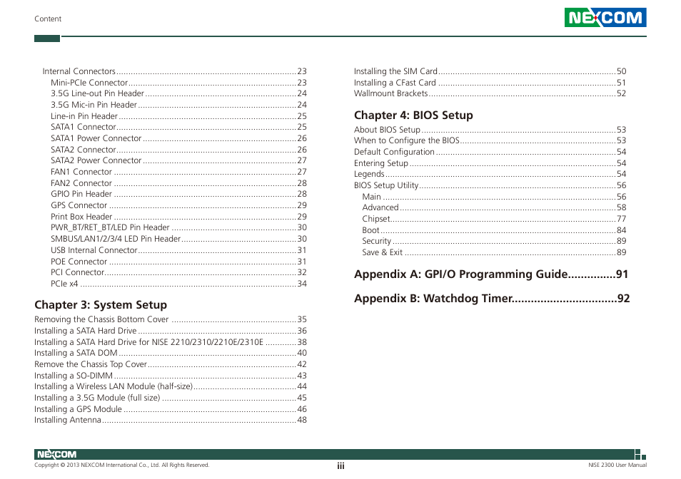 Chapter 3: system setup, Chapter 4: bios setup | NEXCOM NISE 2300 User Manual | Page 3 / 107