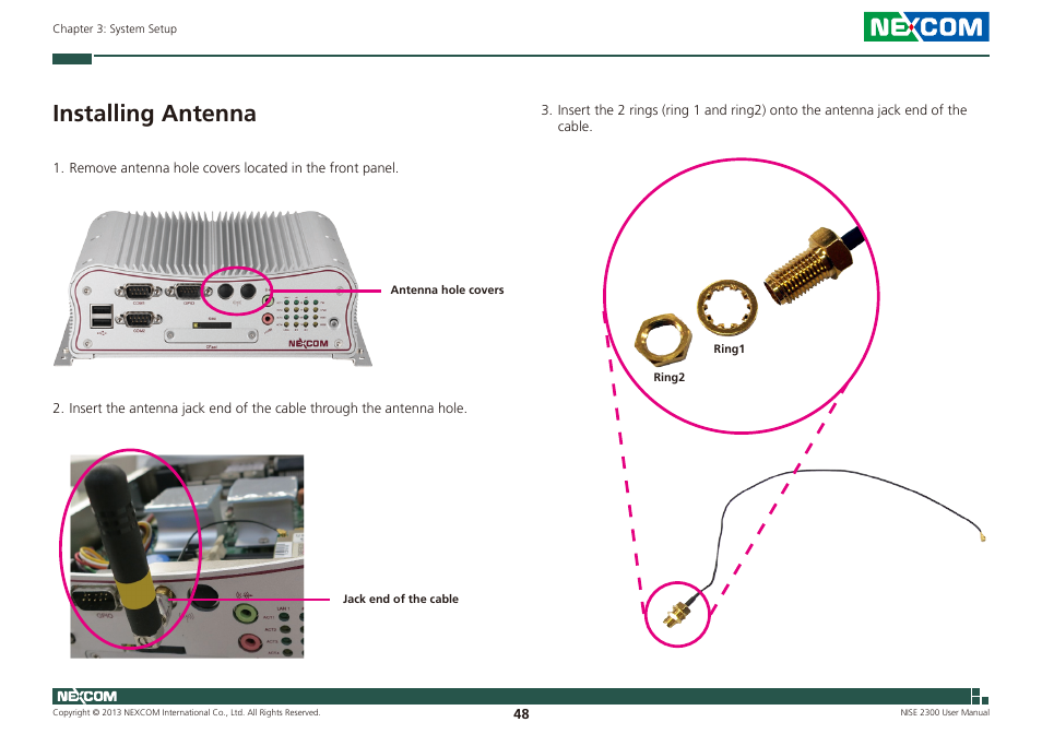 Installing antenna | NEXCOM NISE 2300 User Manual | Page 62 / 107