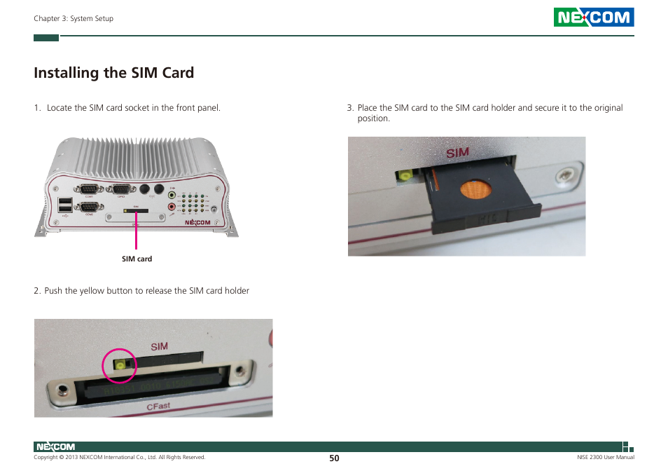 Installing the sim card | NEXCOM NISE 2300 User Manual | Page 64 / 107