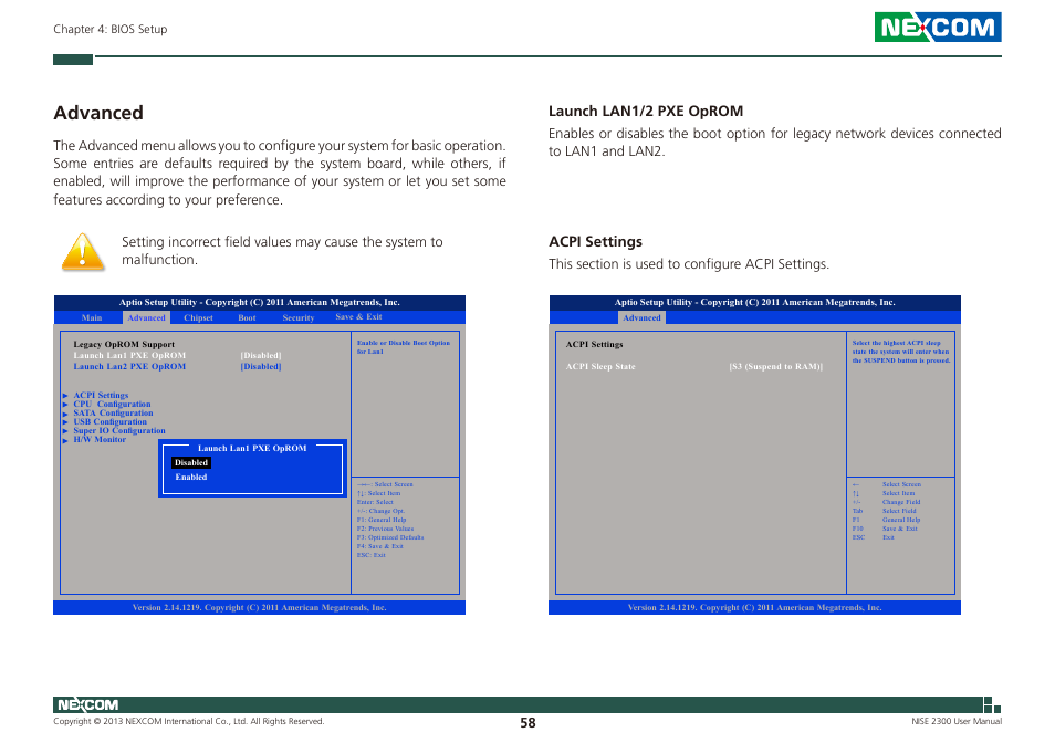 Advanced, Launch lan1/2 pxe oprom, Acpi settings | NEXCOM NISE 2300 User Manual | Page 72 / 107