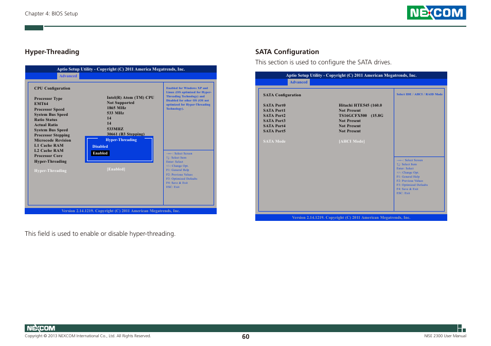 Hyper-threading, Sata configuration | NEXCOM NISE 2300 User Manual | Page 74 / 107