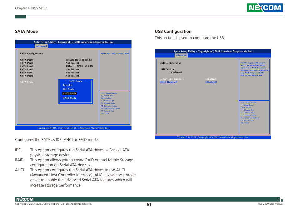 Sata mode, Usb configuration | NEXCOM NISE 2300 User Manual | Page 75 / 107