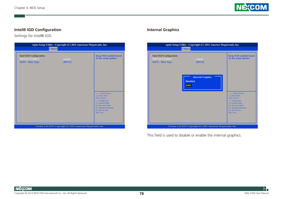 Intel® igd configuration, Internal graphics, Settings for intel® igd | NEXCOM NISE 2300 User Manual | Page 92 / 107