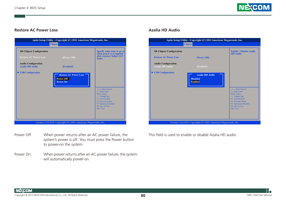 Restore ac power loss, Azalia hd audio | NEXCOM NISE 2300 User Manual | Page 94 / 107