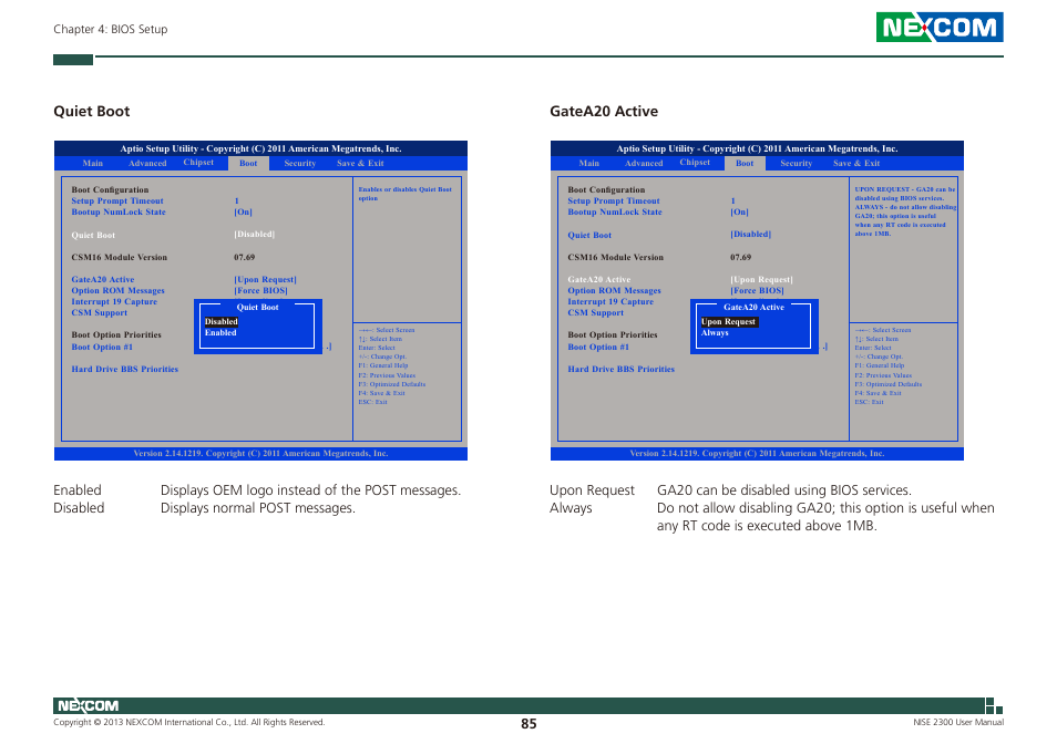 Quiet boot, Gatea20 active | NEXCOM NISE 2300 User Manual | Page 99 / 107