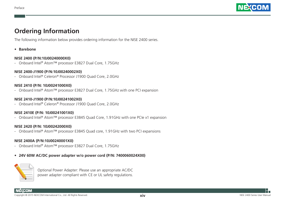 Ordering information | NEXCOM NISE 2400 User Manual | Page 14 / 84