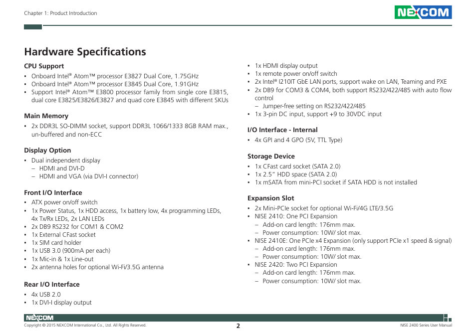 Hardware specifications | NEXCOM NISE 2400 User Manual | Page 16 / 84