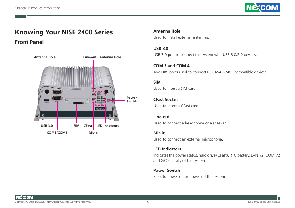 Knowing your nise 2400 series, Front panel | NEXCOM NISE 2400 User Manual | Page 18 / 84
