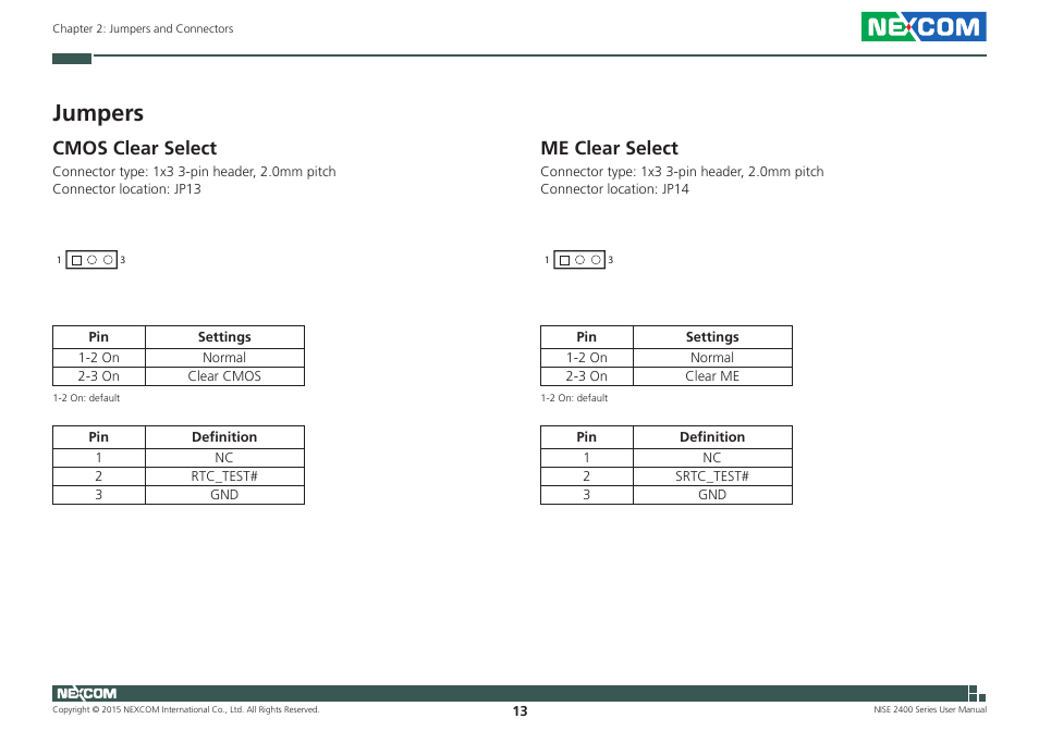 Jumpers, Cmos clear select, Me clear select | Cmos clear select me clear select | NEXCOM NISE 2400 User Manual | Page 27 / 84