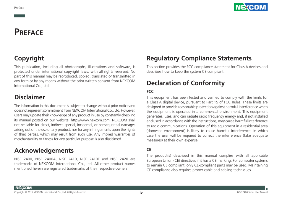 Preface, Copyright, Disclaimer | Acknowledgements, Regulatory compliance statements, Declaration of conformity, Reface | NEXCOM NISE 2400 User Manual | Page 4 / 84