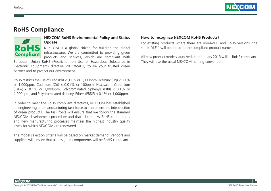 Rohs compliance | NEXCOM NISE 2400 User Manual | Page 5 / 84