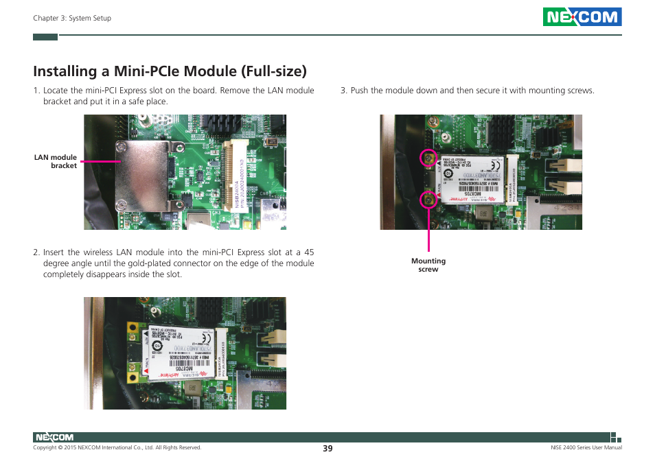 Installing a mini-pcie module (full-size) | NEXCOM NISE 2400 User Manual | Page 53 / 84
