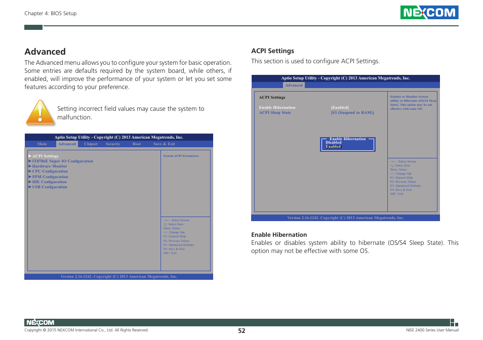 Advanced, Acpi settings | NEXCOM NISE 2400 User Manual | Page 66 / 84