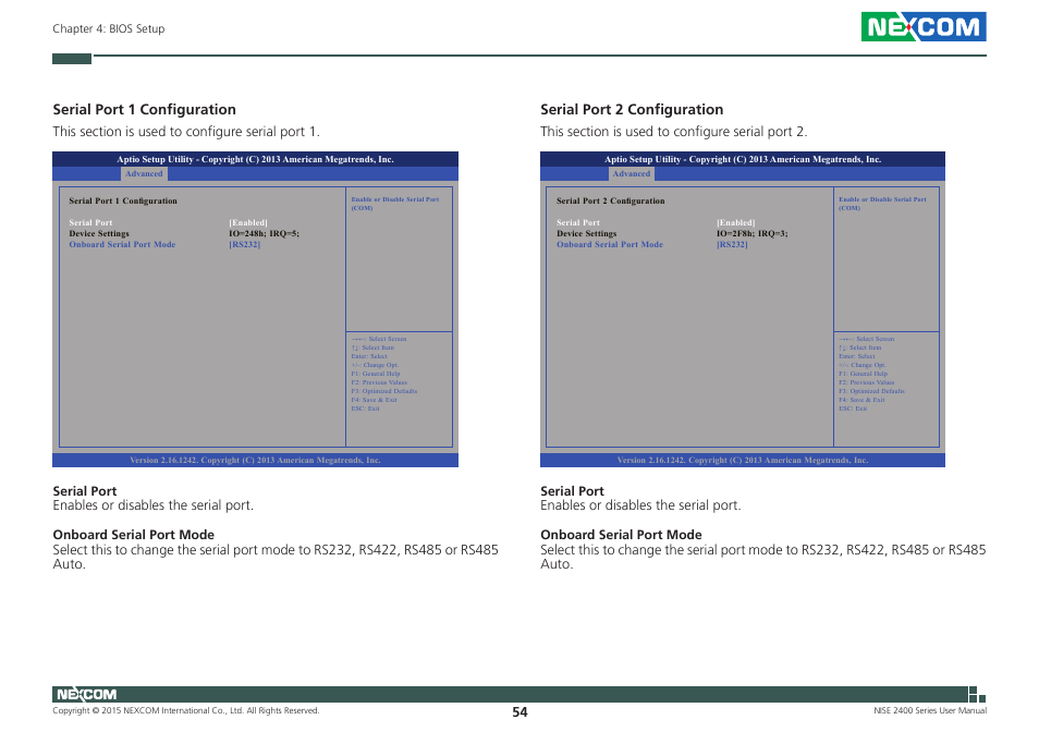 Serial port 1 configuration, Serial port 2 configuration | NEXCOM NISE 2400 User Manual | Page 68 / 84