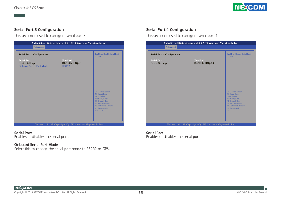 Serial port 3 configuration, Serial port 4 configuration | NEXCOM NISE 2400 User Manual | Page 69 / 84