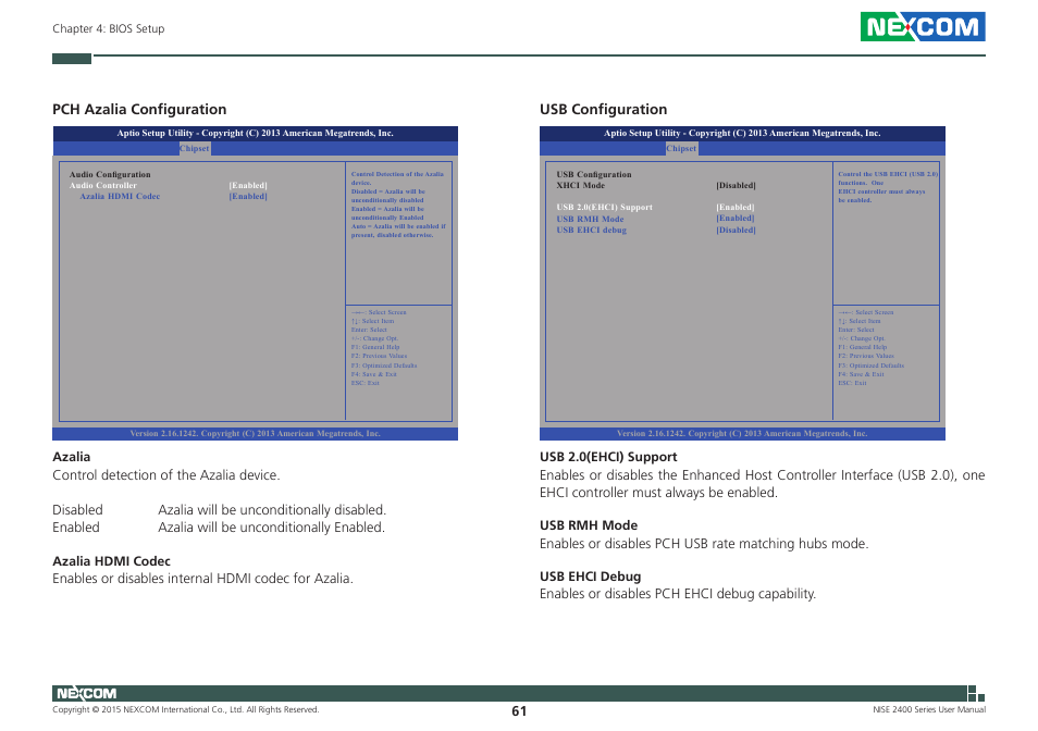 Usb configuration, Pch azalia configuration | NEXCOM NISE 2400 User Manual | Page 75 / 84