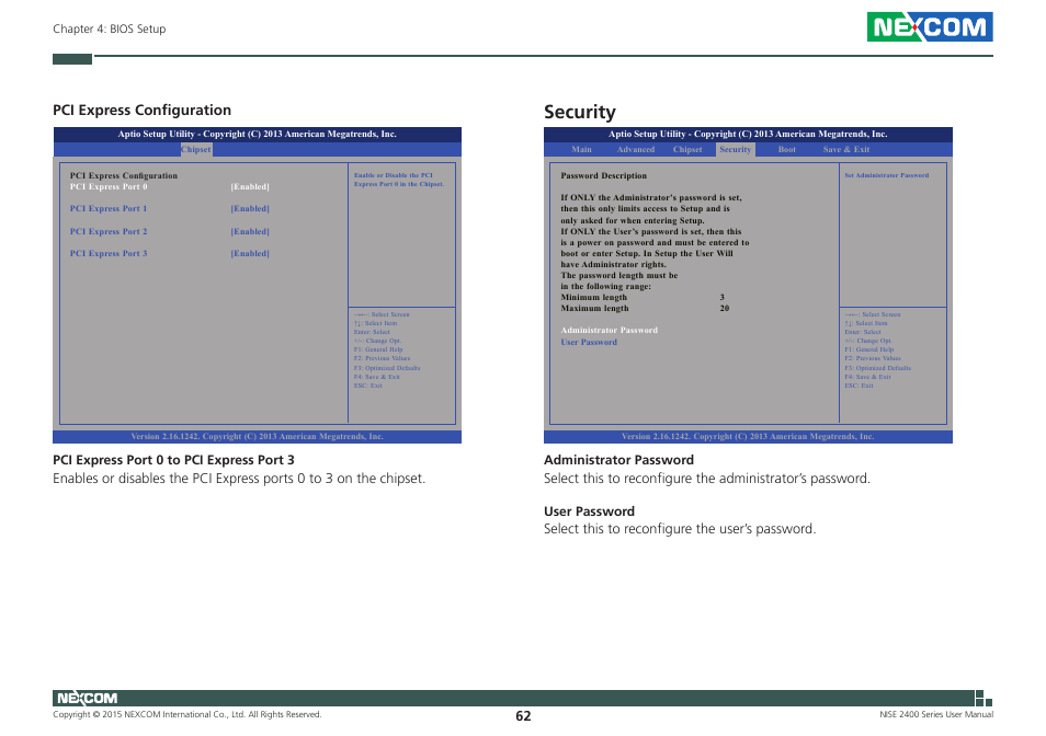 Security, Pci express configuration | NEXCOM NISE 2400 User Manual | Page 76 / 84
