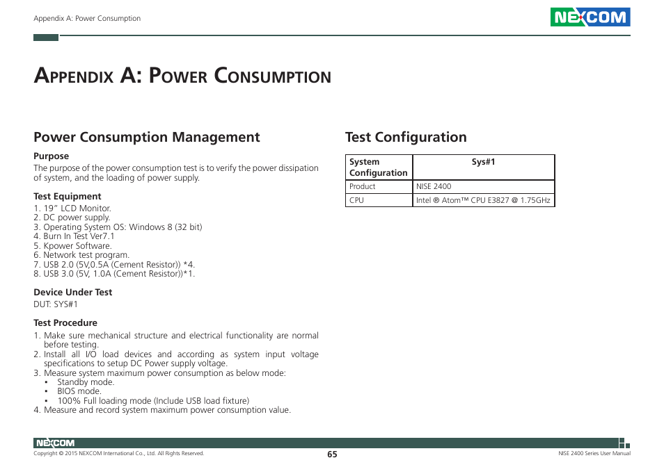 Appendix a: power consumption, A: p, Ppendix | Ower, Onsumption, Test configuration, Power consumption management | NEXCOM NISE 2400 User Manual | Page 79 / 84