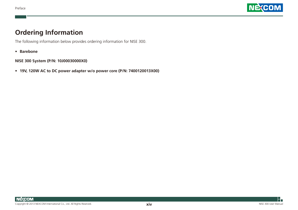 Ordering information | NEXCOM NISE 300 User Manual | Page 14 / 95