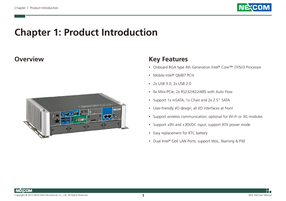 Chapter 1: product introduction, Overview, Key features | Overview key features | NEXCOM NISE 300 User Manual | Page 15 / 95