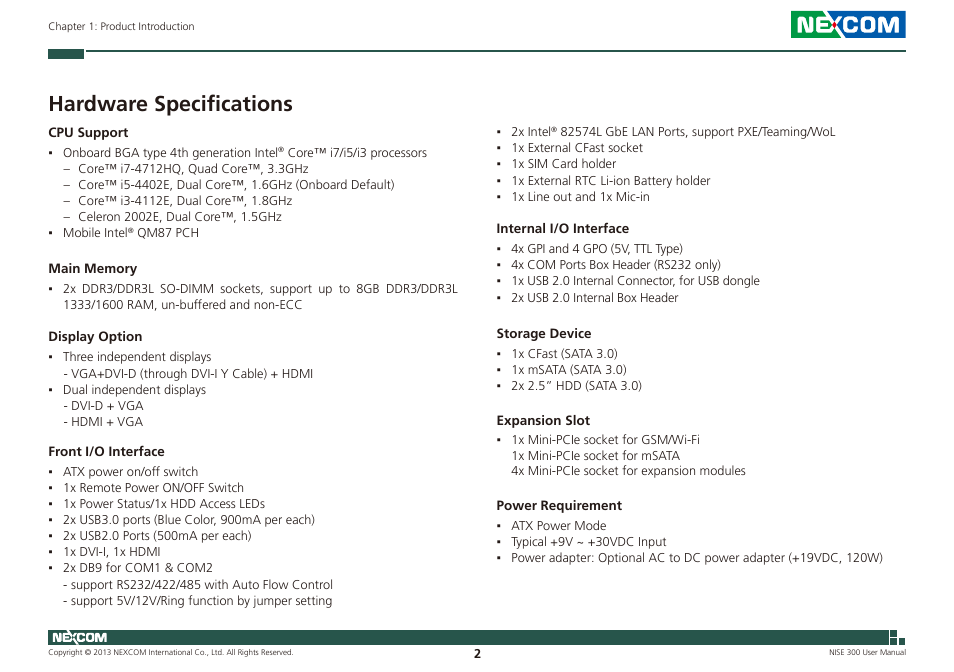 Hardware specifications | NEXCOM NISE 300 User Manual | Page 16 / 95