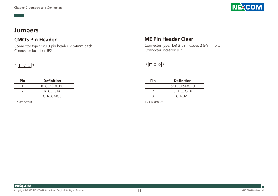 Jumpers, Cmos pin header, Me pin header clear | Cmos pin header me pin header clear | NEXCOM NISE 300 User Manual | Page 25 / 95