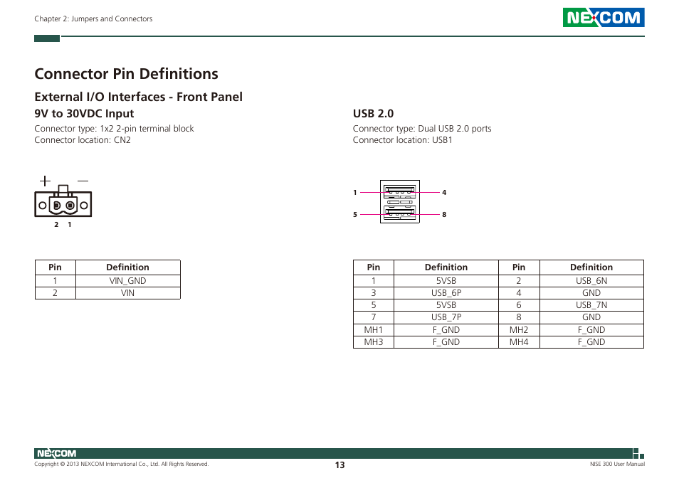 Connector pin definitions, External i/o interfaces - front panel, 9v to 30vdc input | Usb 2.0, 9v to 30vdc input usb 2.0 | NEXCOM NISE 300 User Manual | Page 27 / 95